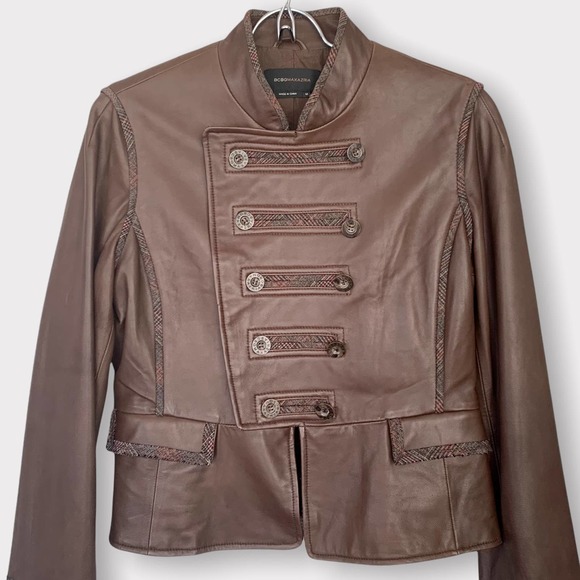 BCBMaxAzria Military Style Leather Jacket With Plaid Trim Size Medium - Picture 2 of 11